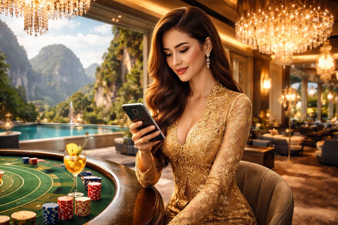 Pengguna wanita Malaysia log masuk akaun kasino dalam talian melalui telefon pintar di Ipoh
