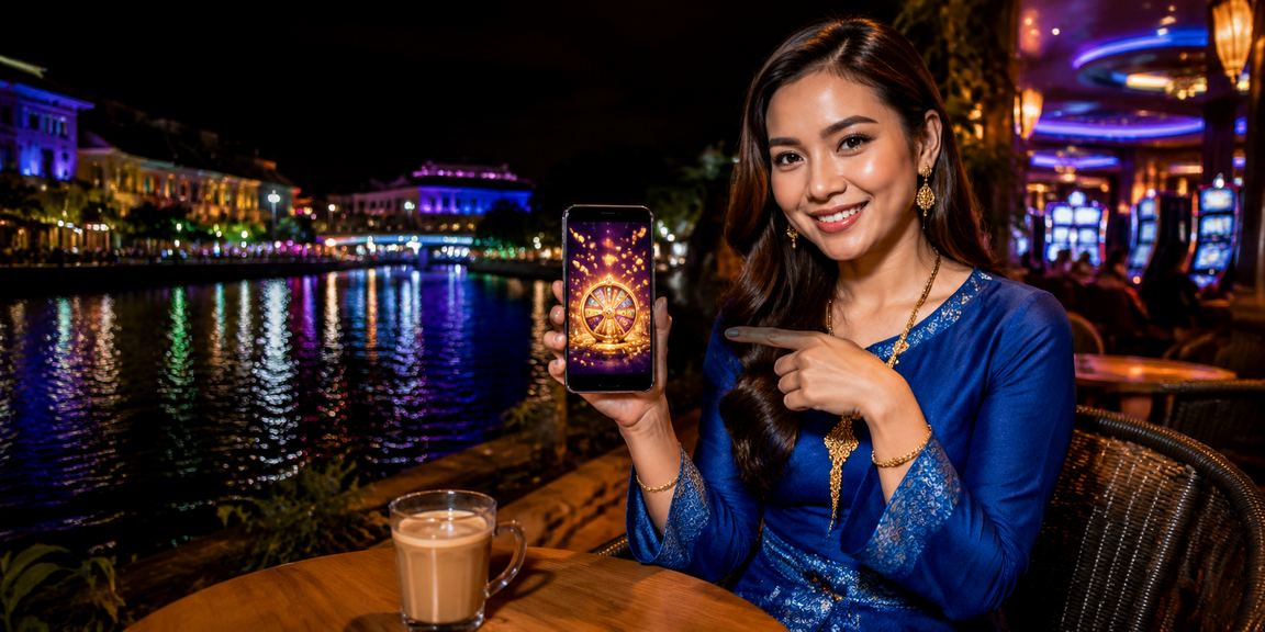 Pengguna menikmati kasino dalam talian pada telefon pintar sambil memakai baju kurung di Melaka
